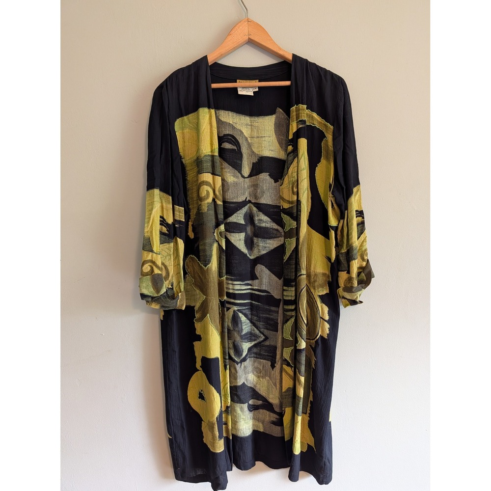 Vintage 90s/Y2K Abstract Art Print Beaded Duster Green M Lagenlook Artistic - Picture 2 of 10